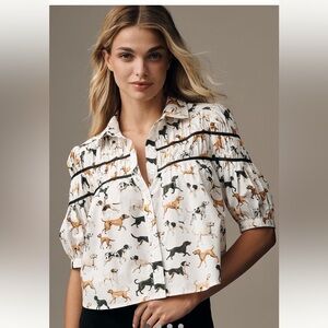 Maeve leandra shirted yoke blouse dog print NWT large
